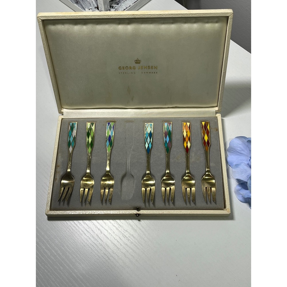 Vintage Georg Jensen Sterling Silver Enamel Harlequin Dessert 7 Forks Denmark - Picture 5 of 12